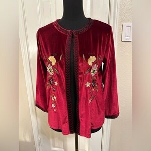 Parory Red Velvet Embroidered Open Front Cardigan Jacket Size 10 M Floral